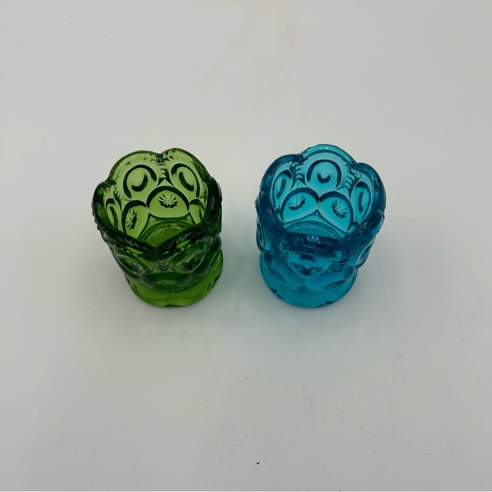 Vintage LE Smith Glass Moon & Stars Toothpick Holders - Green and Blue - Picture 3 of 9